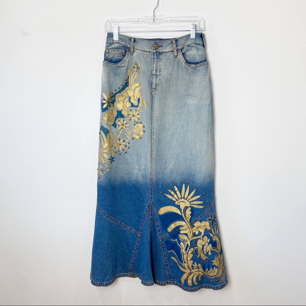 Double D Ranch denim skirt pained floral gold maxi studded